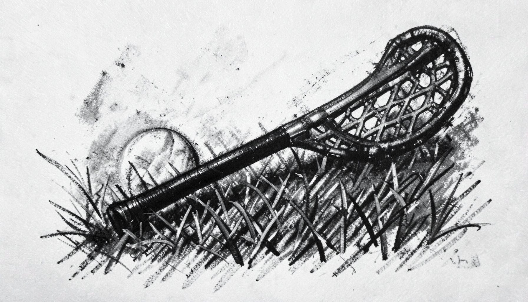 A bold charcoal drawing of a lacrosse stick and ball on grass, dynamic diagonal composition and moody atmosphere