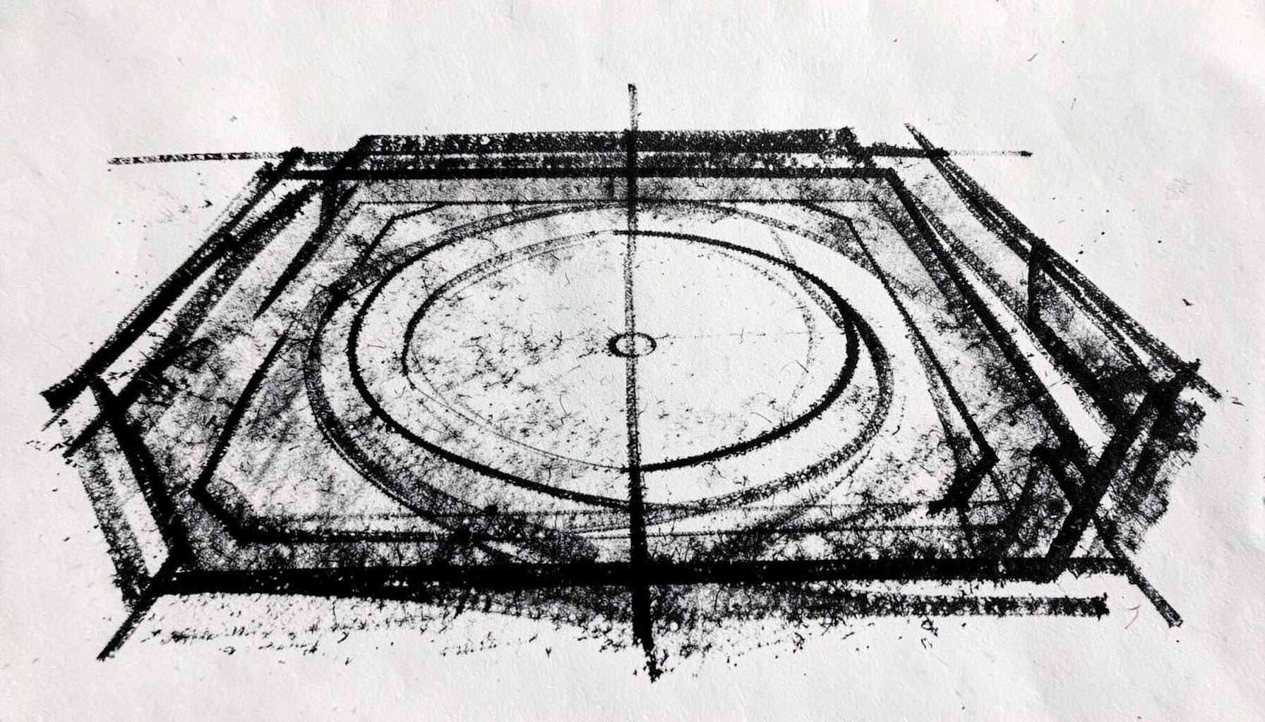A bold charcoal drawing of a wrestling mat with boundary circles, stark geometric lines and deep shadows