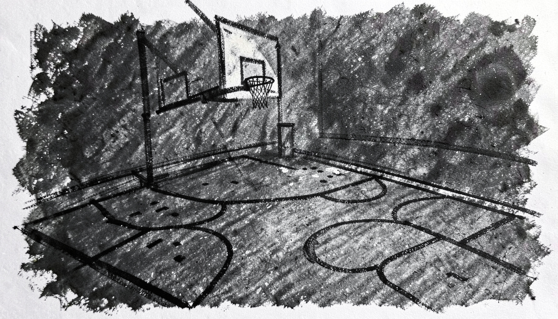Bold charcoal drawing of a basketball court with dark gray shading, bold black outlines of hoop and lines, moody and focused mood