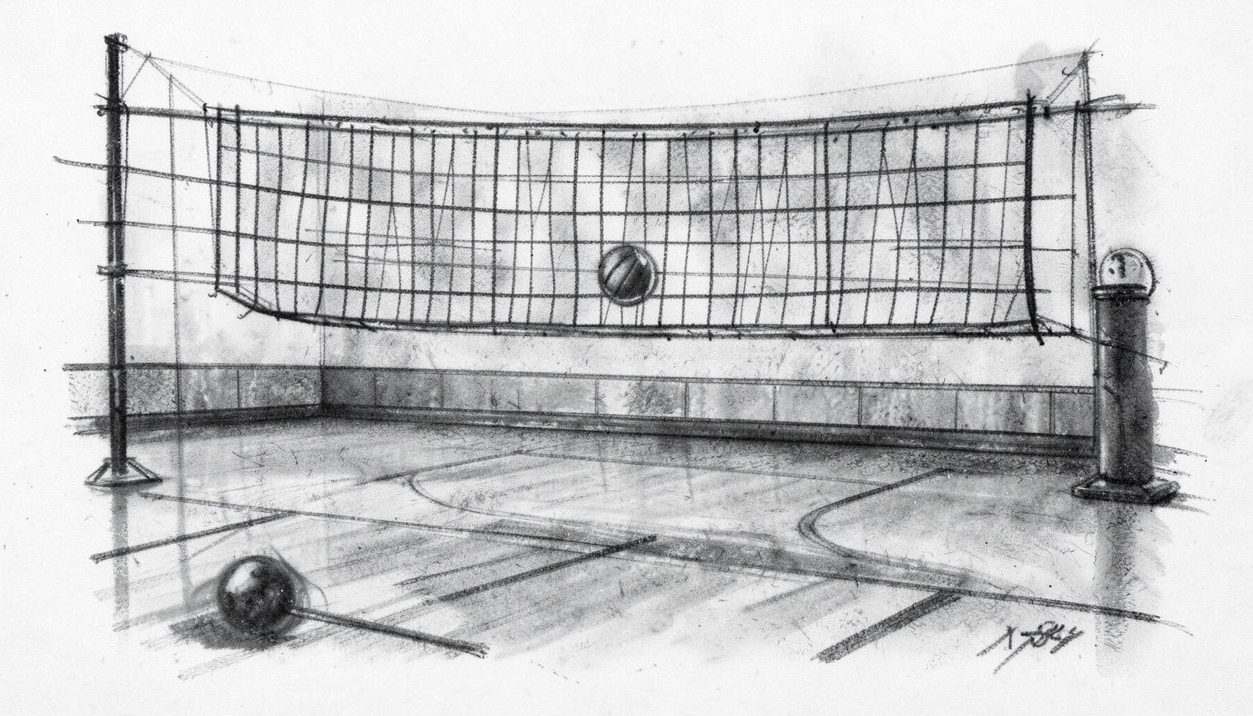 A charcoal-toned drawing of a volleyball net stretched across a gymnasium court, with soft shadows pooling on the polished floor and faint motion blur suggesting a ball in flight