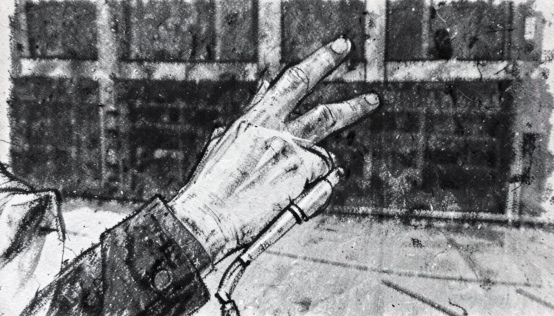 A charcoal sketch of a volleyball official's hand signaling a point, with the whistle cord visible against a dark gymnasium background