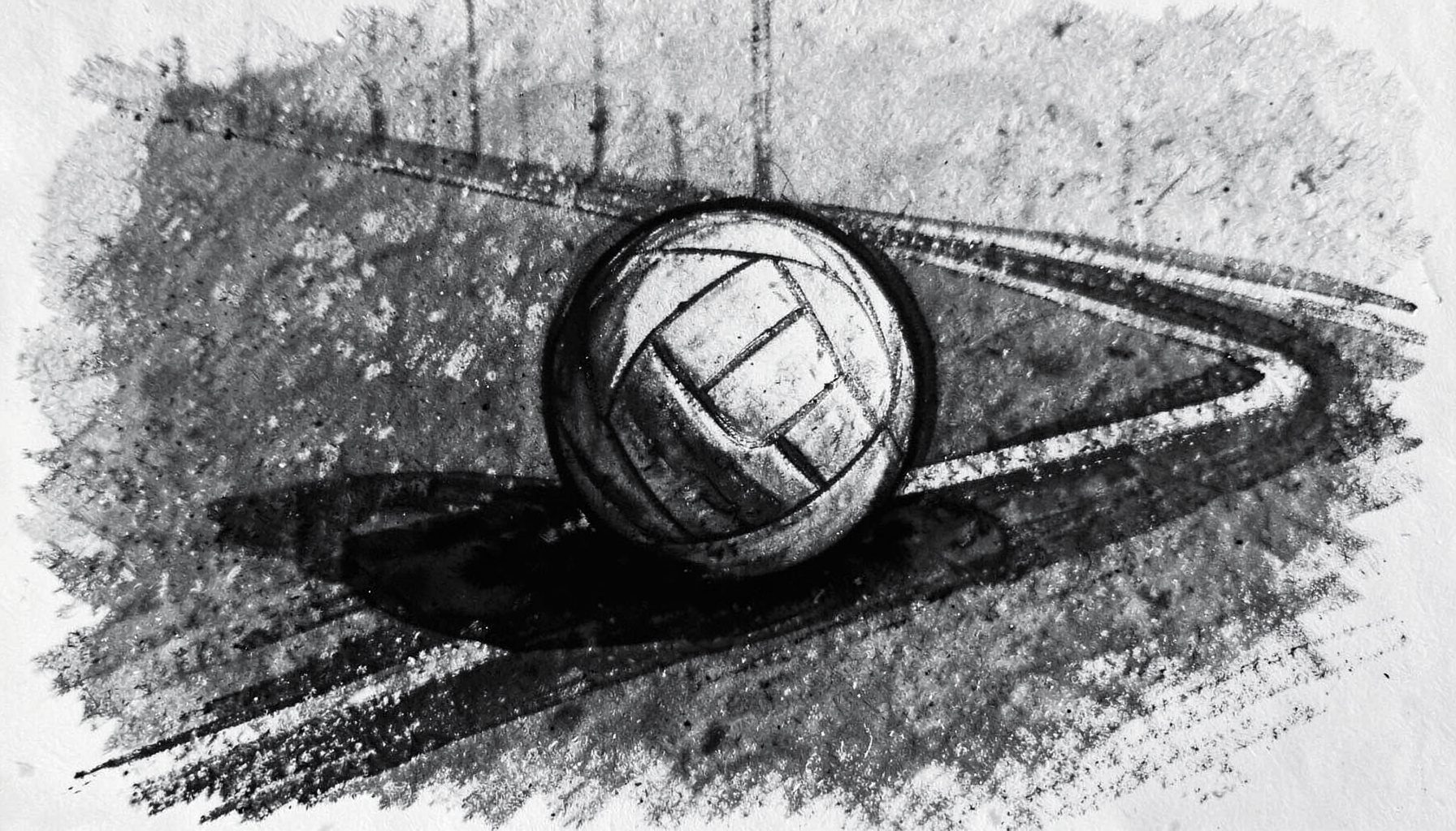 A moody charcoal drawing of a volleyball resting on a sideline, with court boundary lines receding into shadow