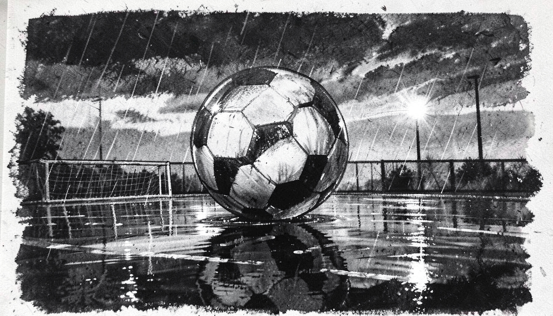 A bold charcoal drawing of a soccer ball on a rain-soaked pitch, reflective highlights and brooding sky