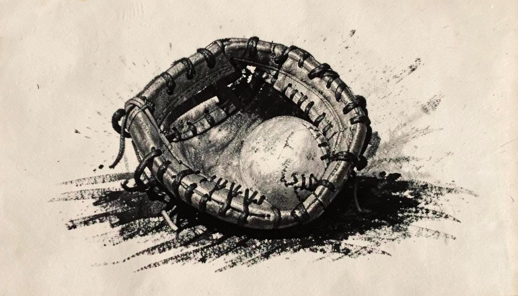 A bold charcoal drawing of a softball glove and ball in the dirt, warm gray tones and sharp contrast