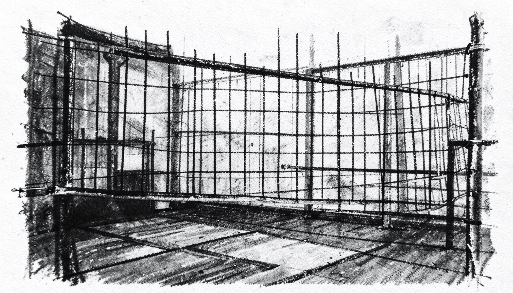 A bold charcoal drawing of a volleyball net stretched across a gym, strong vertical lines and moody shadows