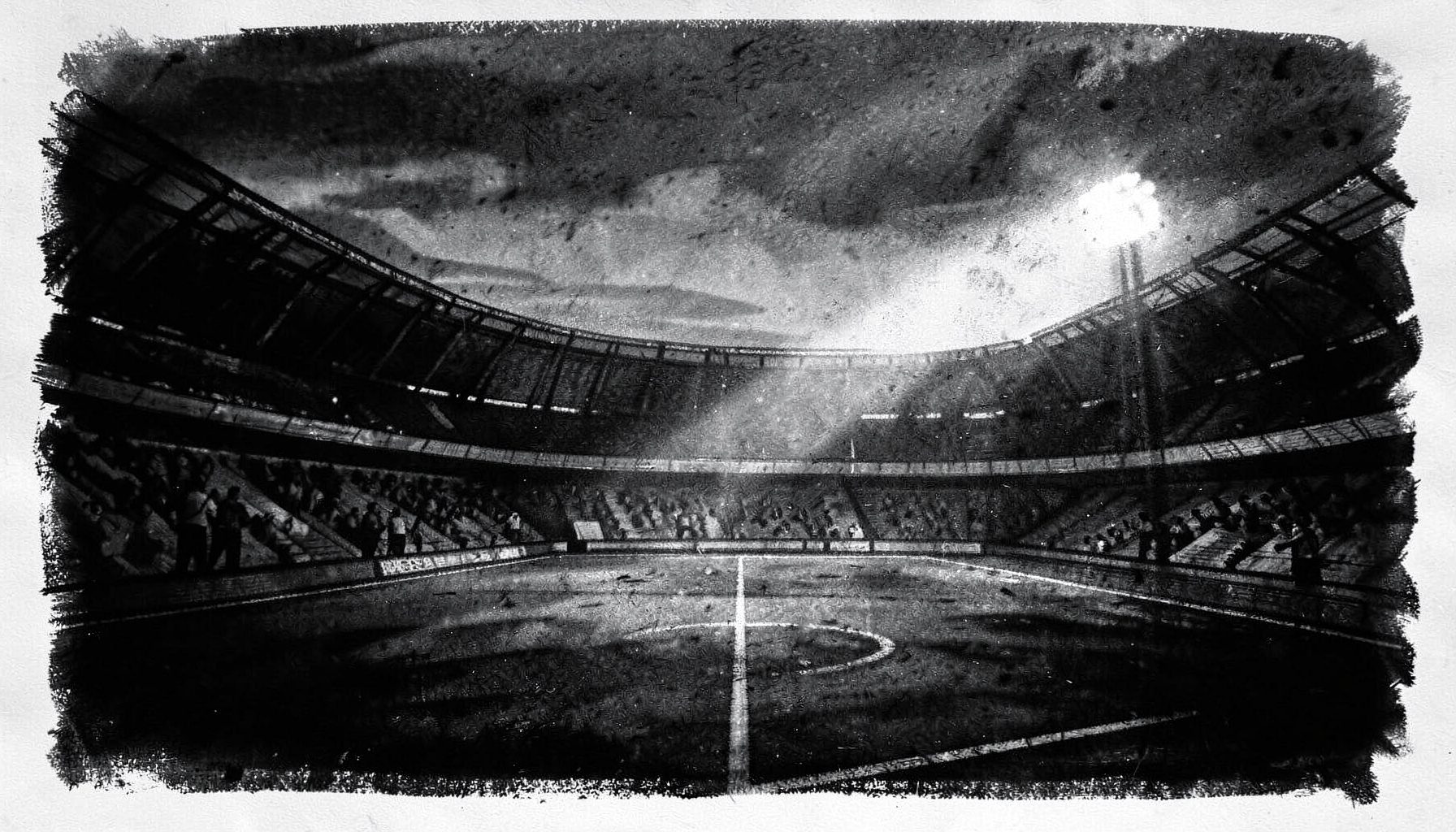 A bold charcoal drawing of a stadium at dusk, deep blacks and smoky grays with a single bright floodlight cutting across the field, moody and dramatic