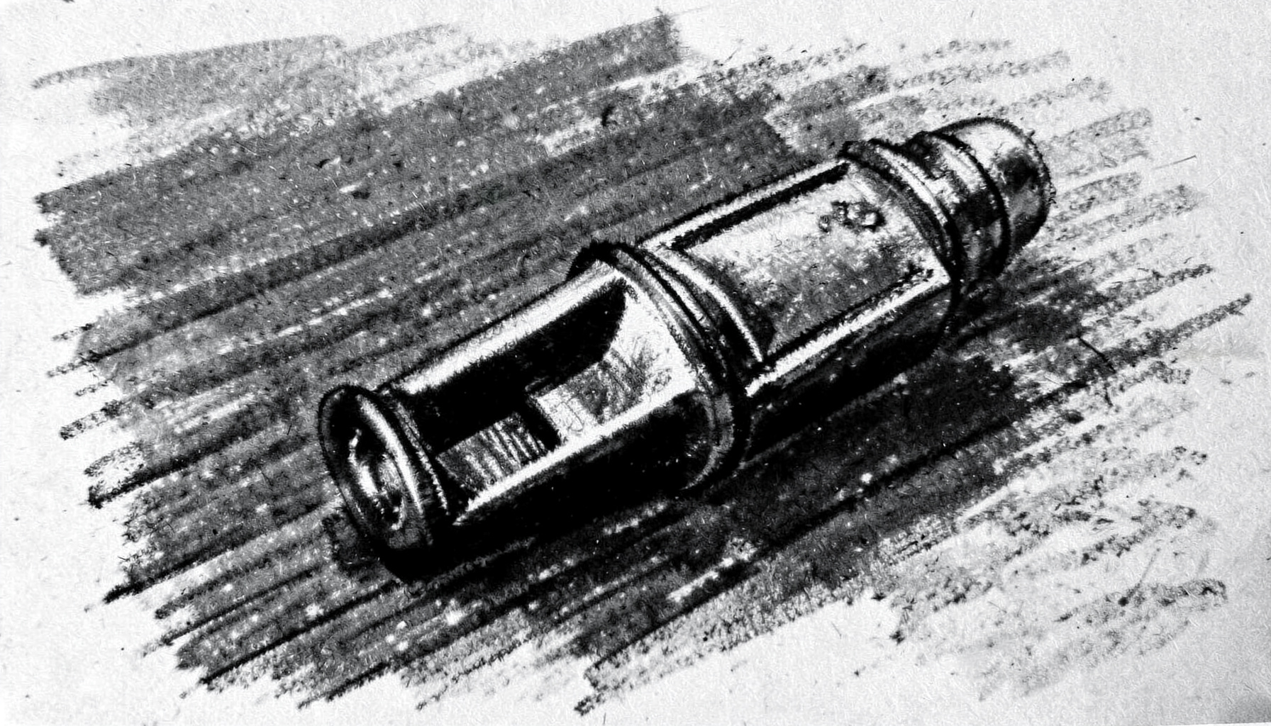 A bold charcoal drawing of a referee's whistle resting on a dark wooden surface, strong contrasts of black and gray with soft highlights