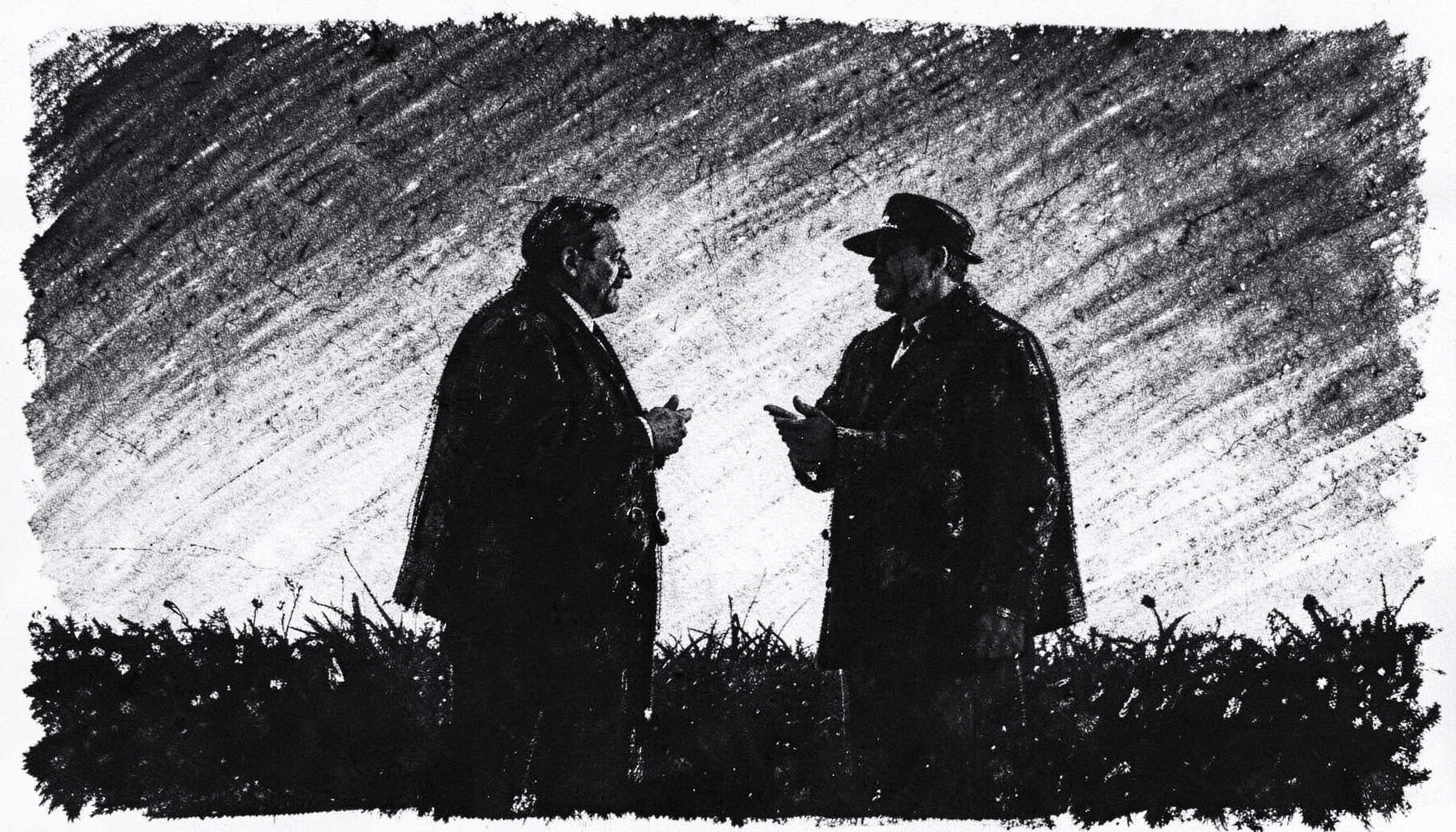 A bold charcoal drawing of two officials in conversation on a field, silhouetted against a low-angle sky, rich grayscale texture