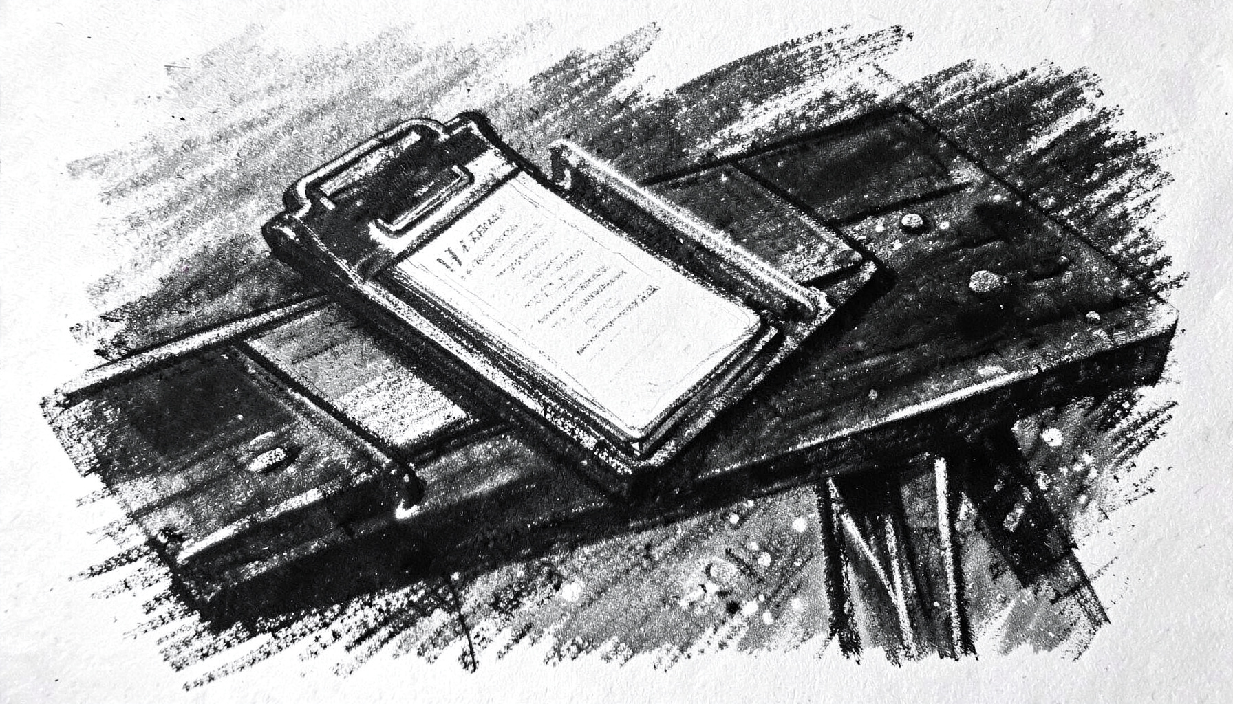 A bold charcoal drawing of a clipboard and rulebook on a sideline bench, deep shadows and crisp white chalk highlights