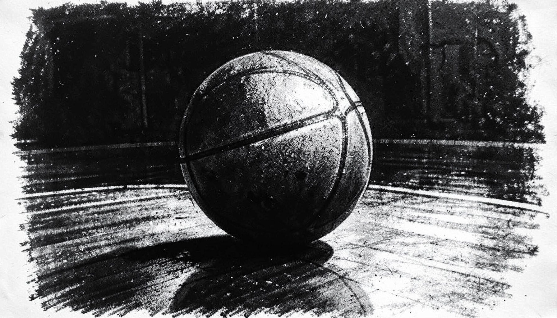 A bold charcoal drawing of a basketball on a polished court, dramatic side lighting and rich dark tones