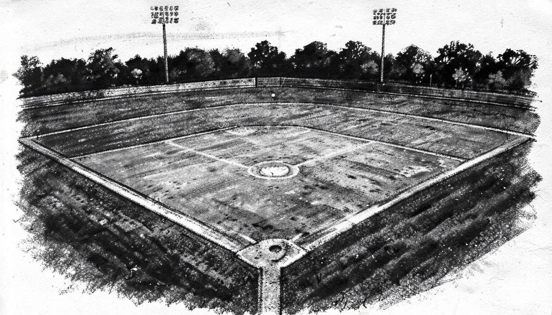 A bold charcoal drawing of a baseball diamond from behind home plate, sweeping perspective and rich dark values